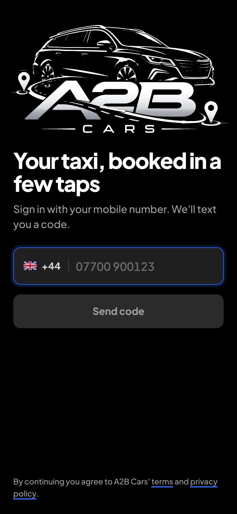 Signing in to A2B Cars' app: their logo, in black and blue.