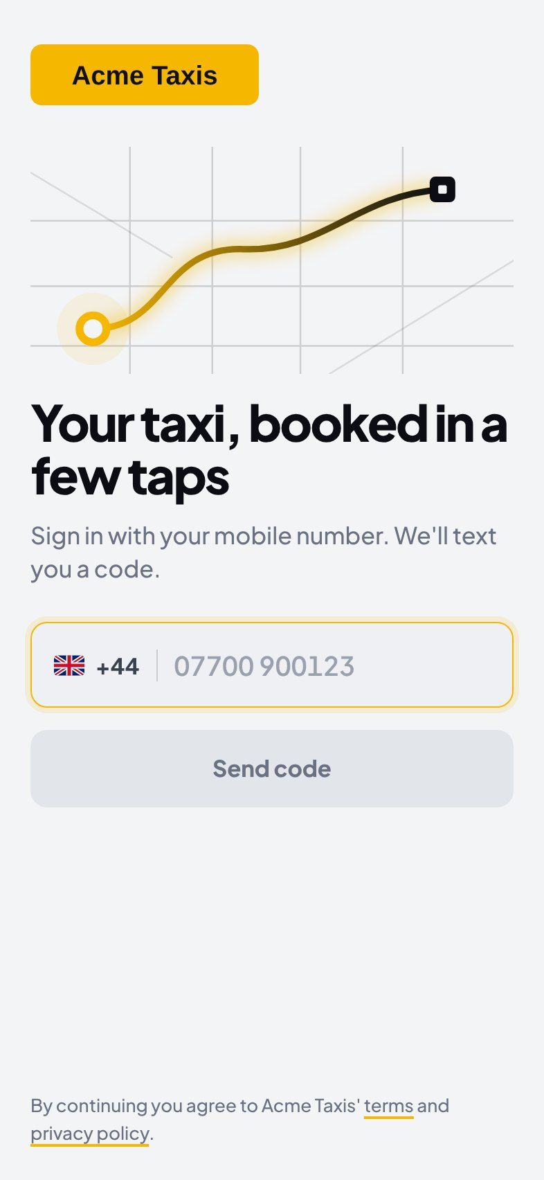 Signing in to Acme Taxis' app with a mobile number, under the firm's name.