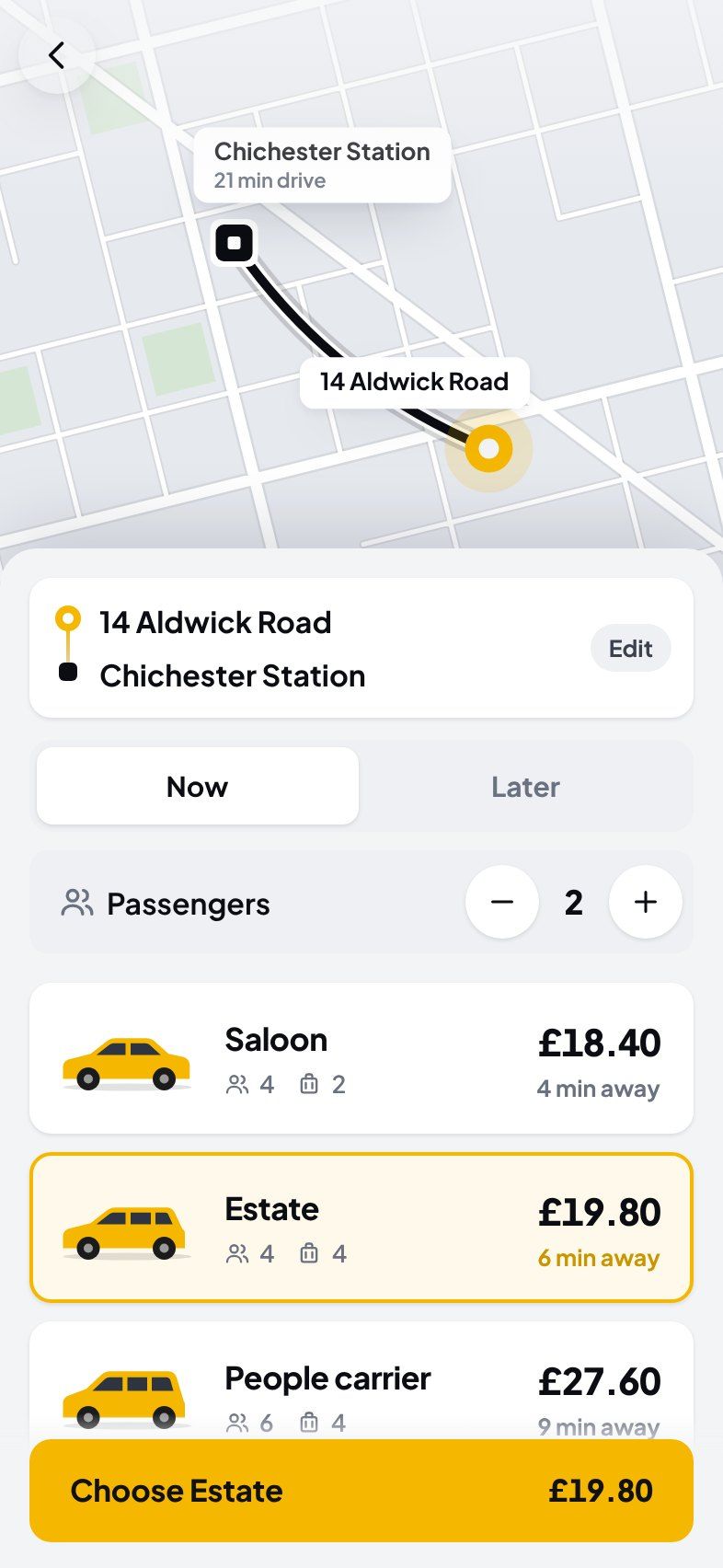 Choosing a ride: a Saloon for £18.40, an Estate for £19.80 or a People carrier for £27.60, each with how far away it is.