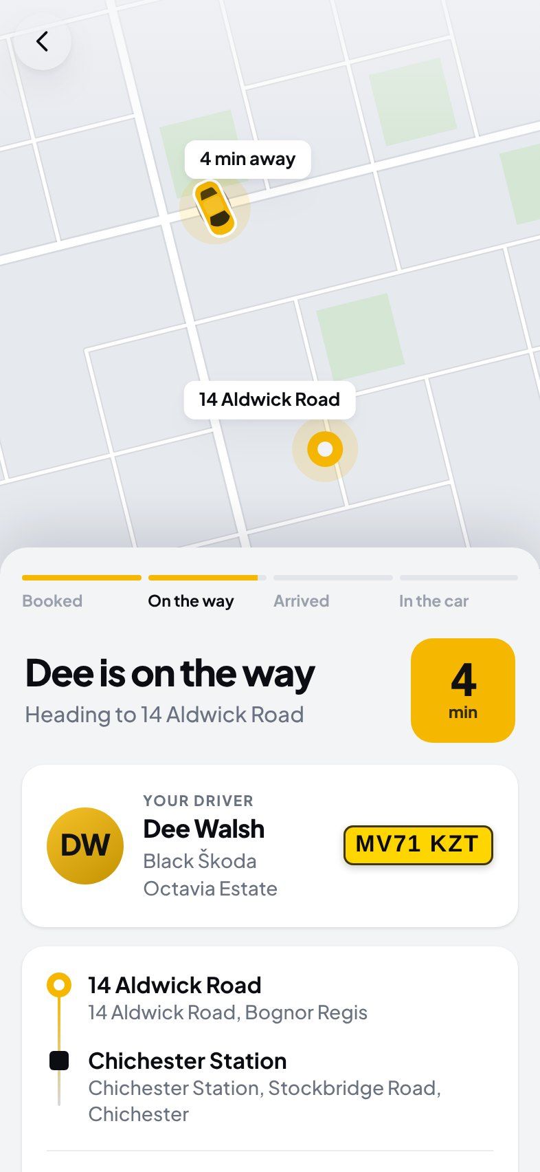 The driver on the way: the car on the map, four minutes away, with the driver's name, car and number plate.