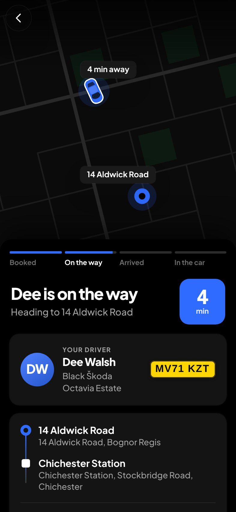 The driver on the way in A2B Cars' app: the same screen, in their black and blue.