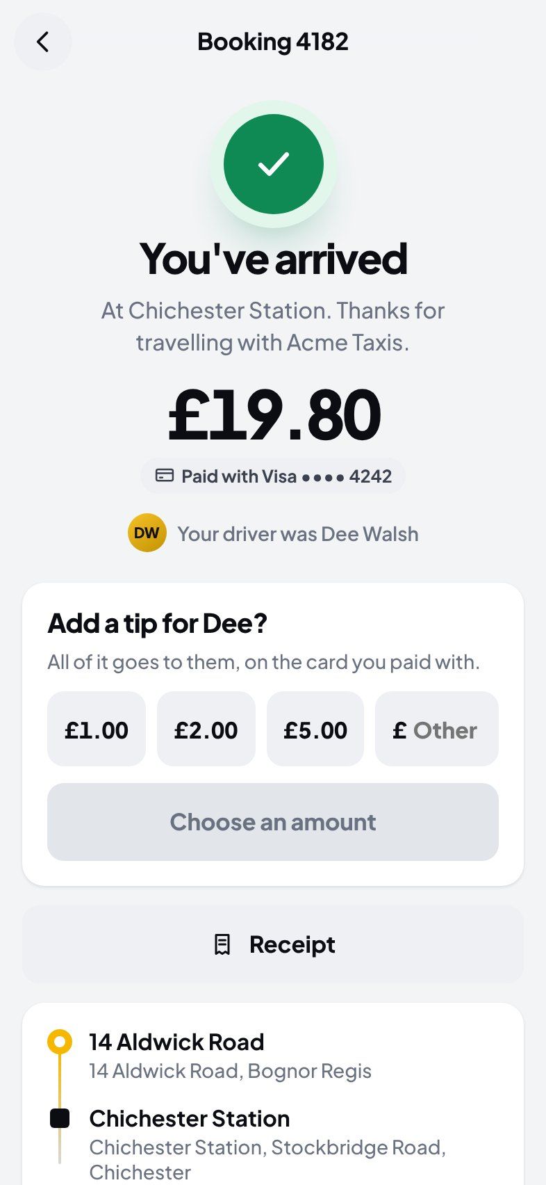 Arrived: £19.80 paid by Visa, and a choice of tips for the driver.