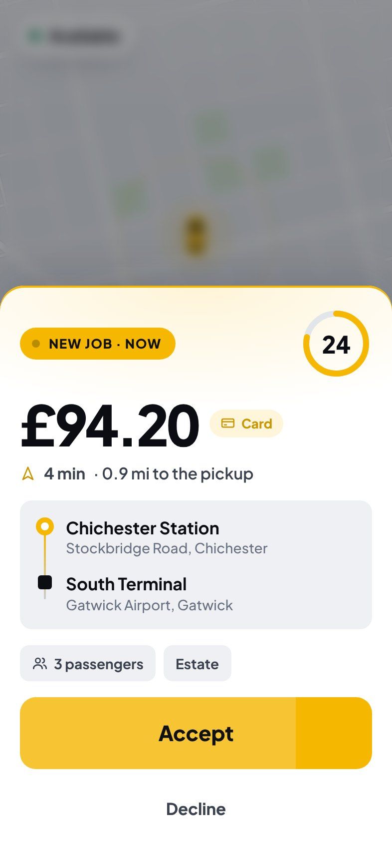 A job offer: £94.20 by card, four minutes to the pickup, Chichester Station to Gatwick, with a countdown and an Accept button.