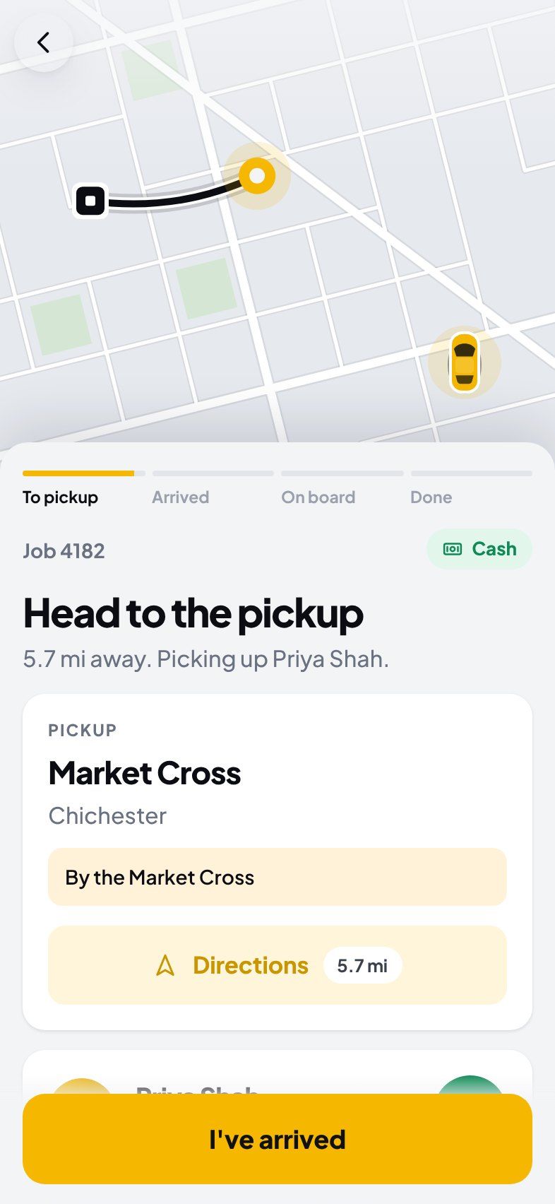 Heading to the pickup: the route, the passenger's note, directions and an “I've arrived” button.