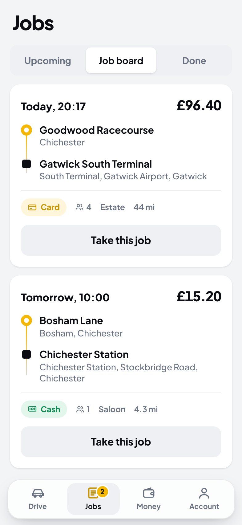 The job board: jobs without a driver yet, each with its time, fare and route, and a “Take this job” button.